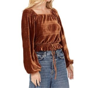 Rock & Roll Denim Velvet Cinch Front Long Sleeve Blouse Rust Brown Western S
